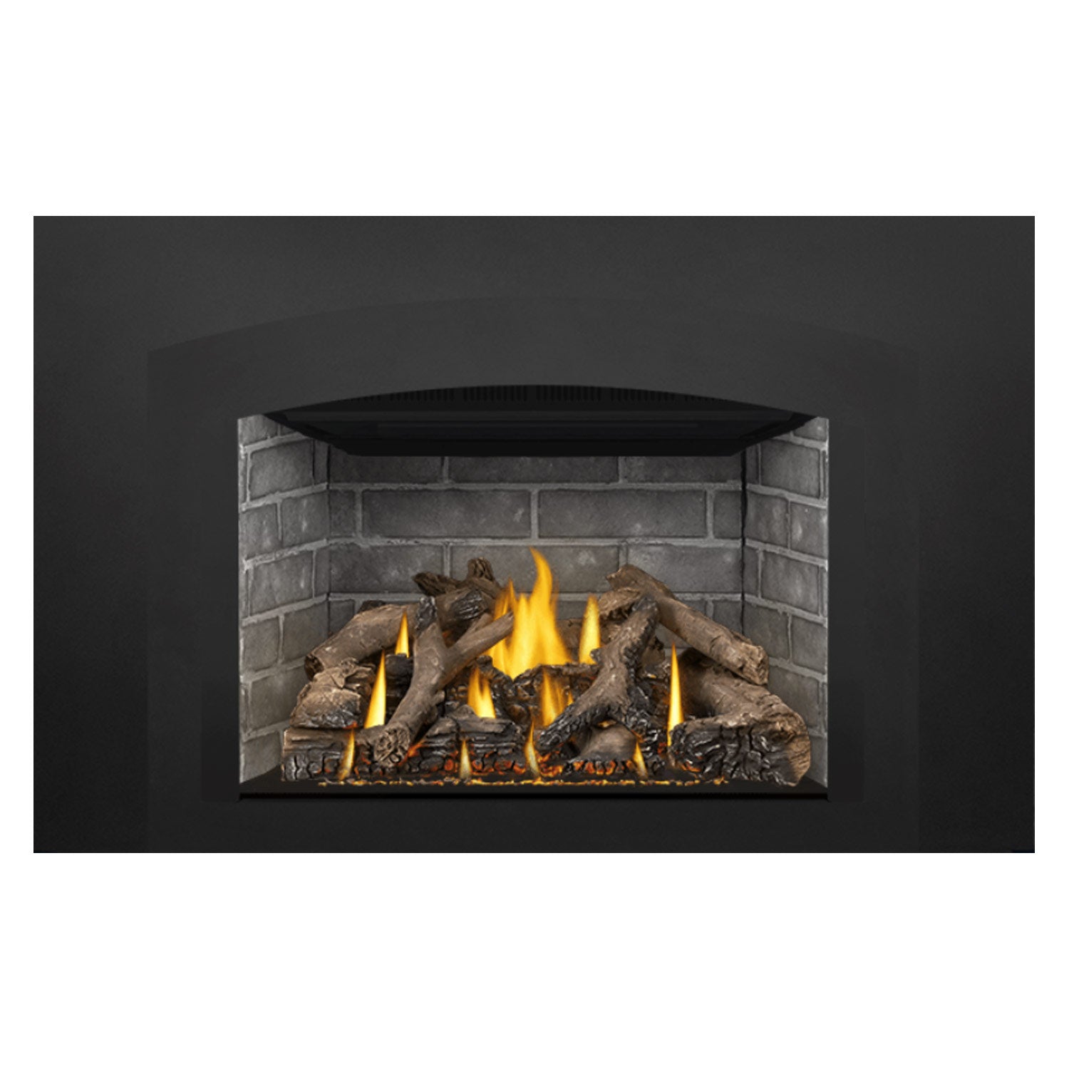 Gas fireplace insert with burning flames, gray stone surround, and dark log set