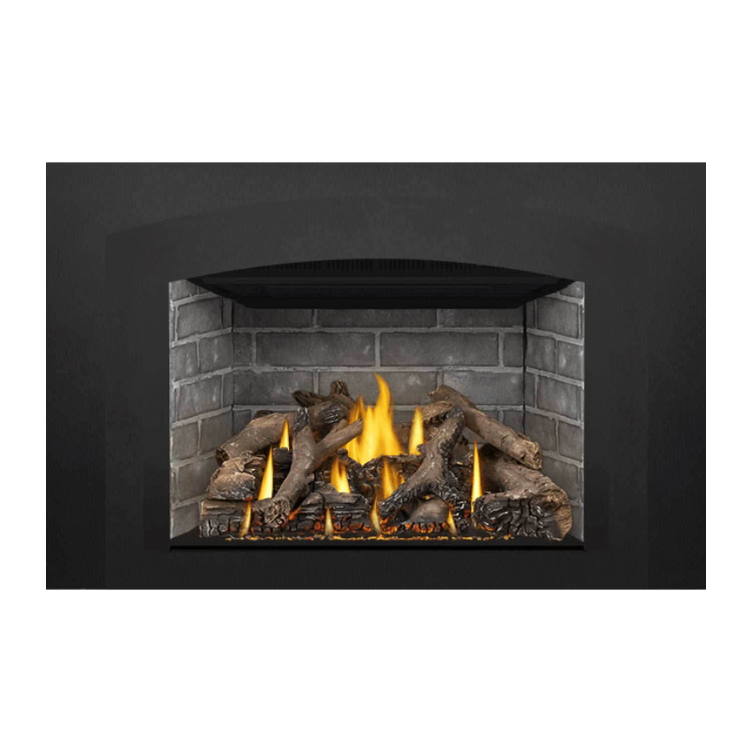 Gas fireplace insert showing brick interior, bright flames, and dark logs