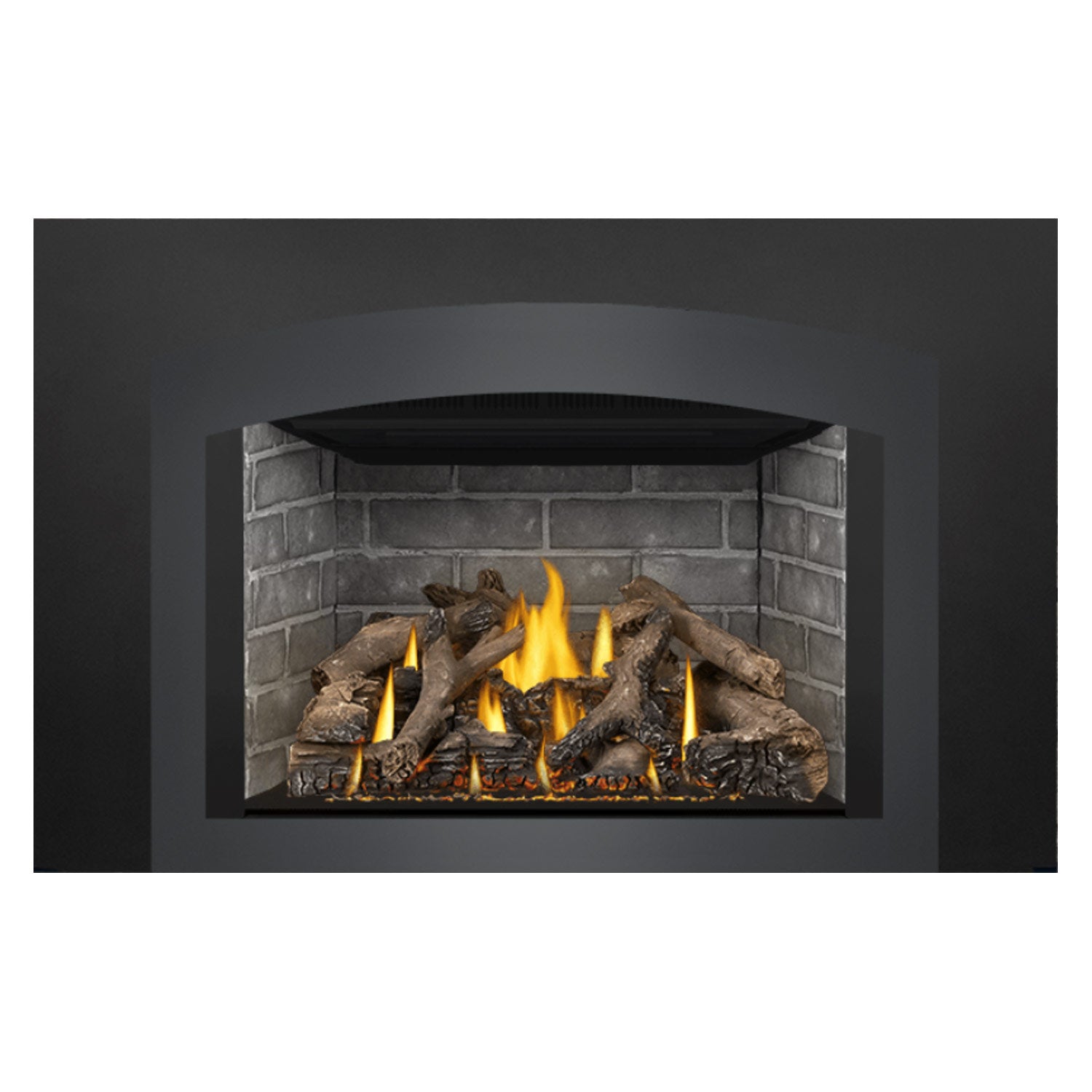 Gas fireplace insert with burning flames and dark logs in gray brick enclosure