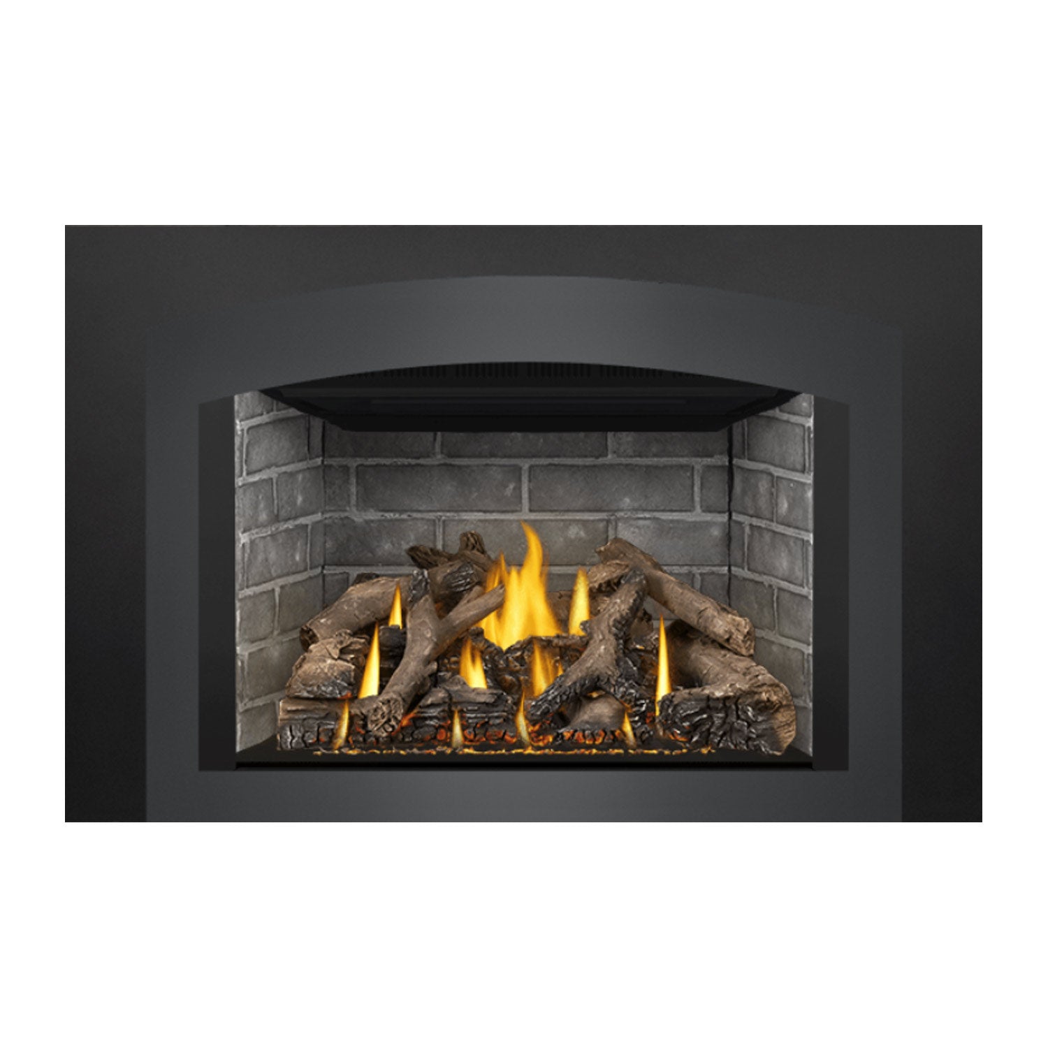 Gas fireplace insert centered view with burning flames, gray brick surround, and logs