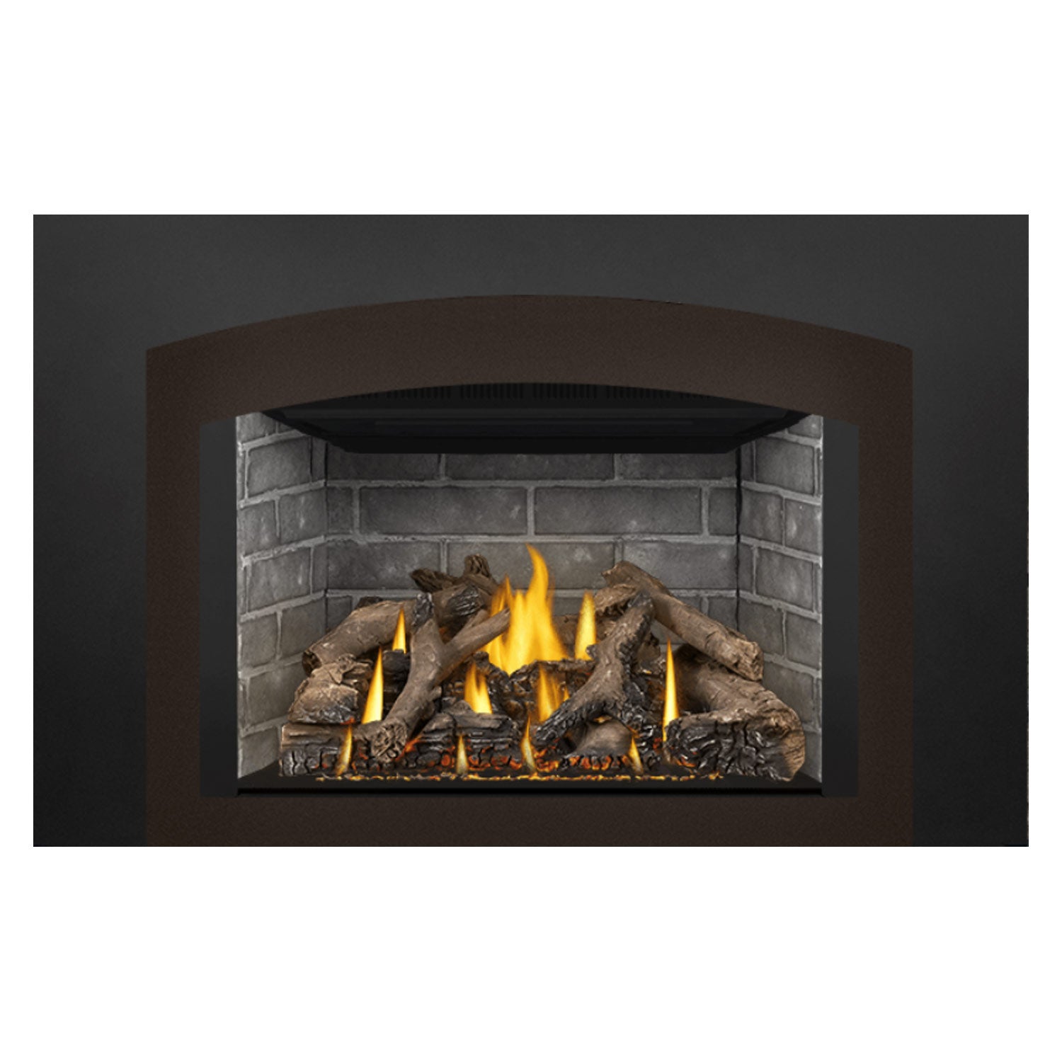 Gas fireplace insert front view with burning flames, gray brick surround, and logs