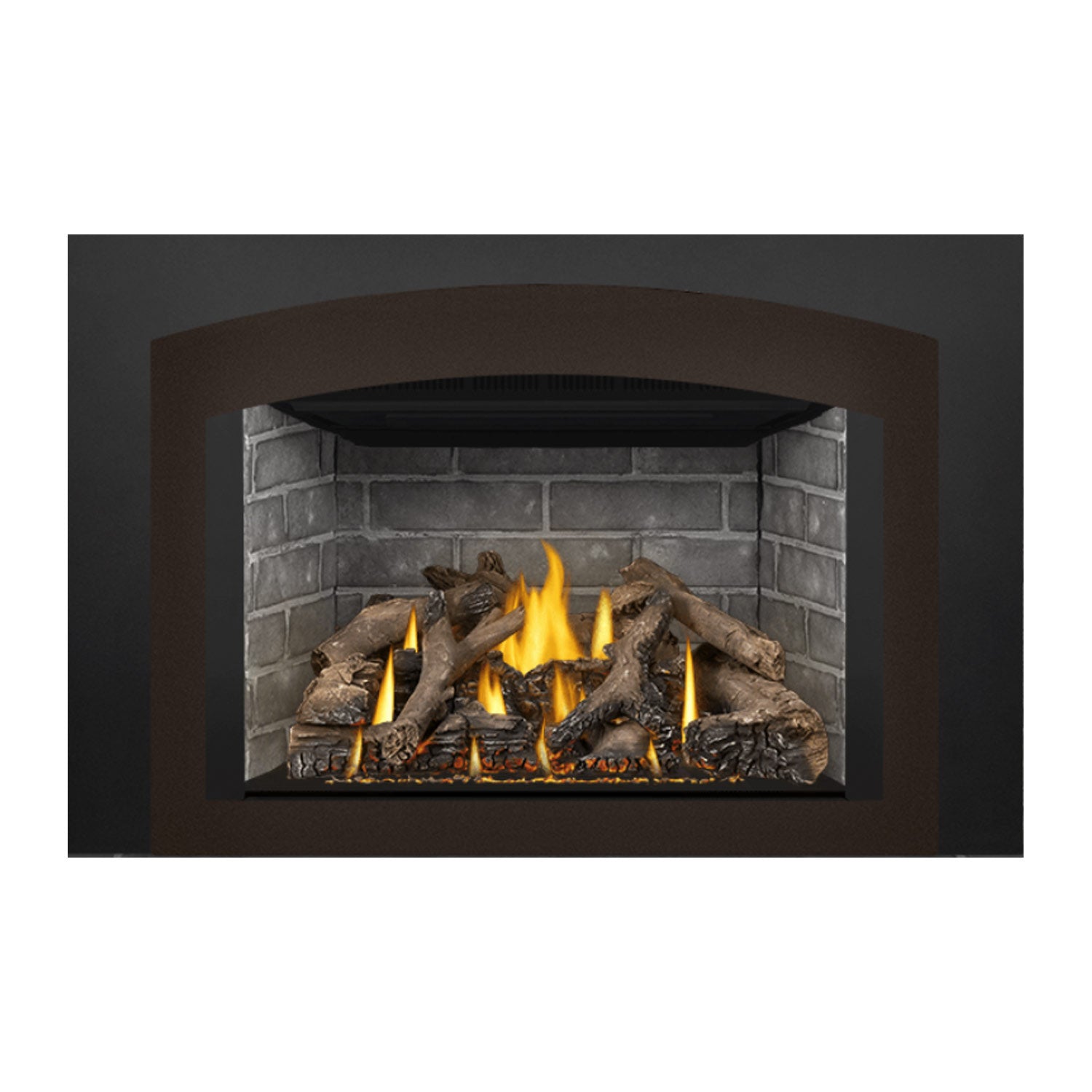 Gas fireplace insert showing burning flames in gray stone surround with dark logs