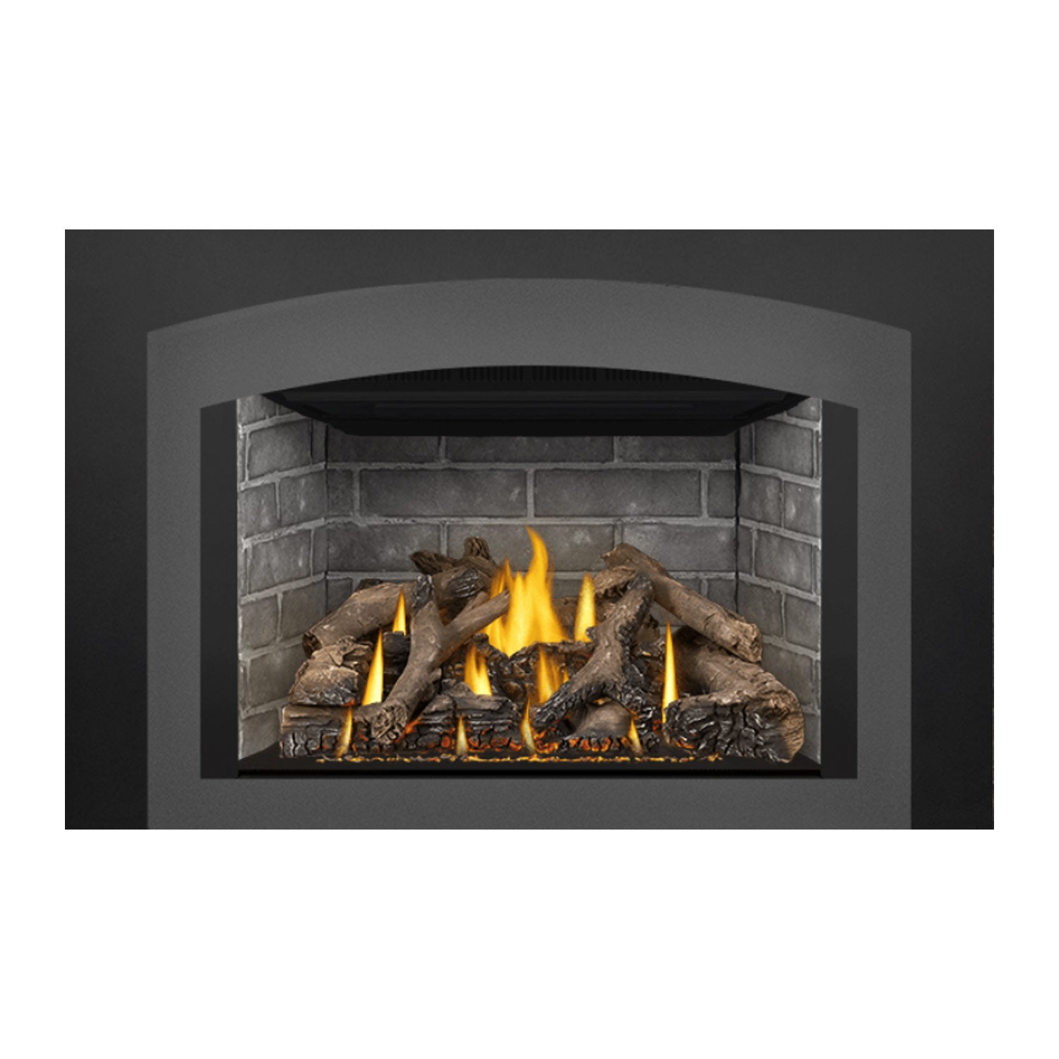 Gas fireplace insert with burning flames, gray brick lining, and dark log pieces