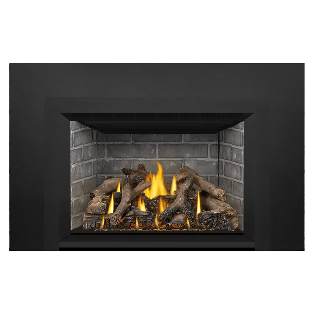 Direct vent gas fireplace insert with burning flame over log and ember bed