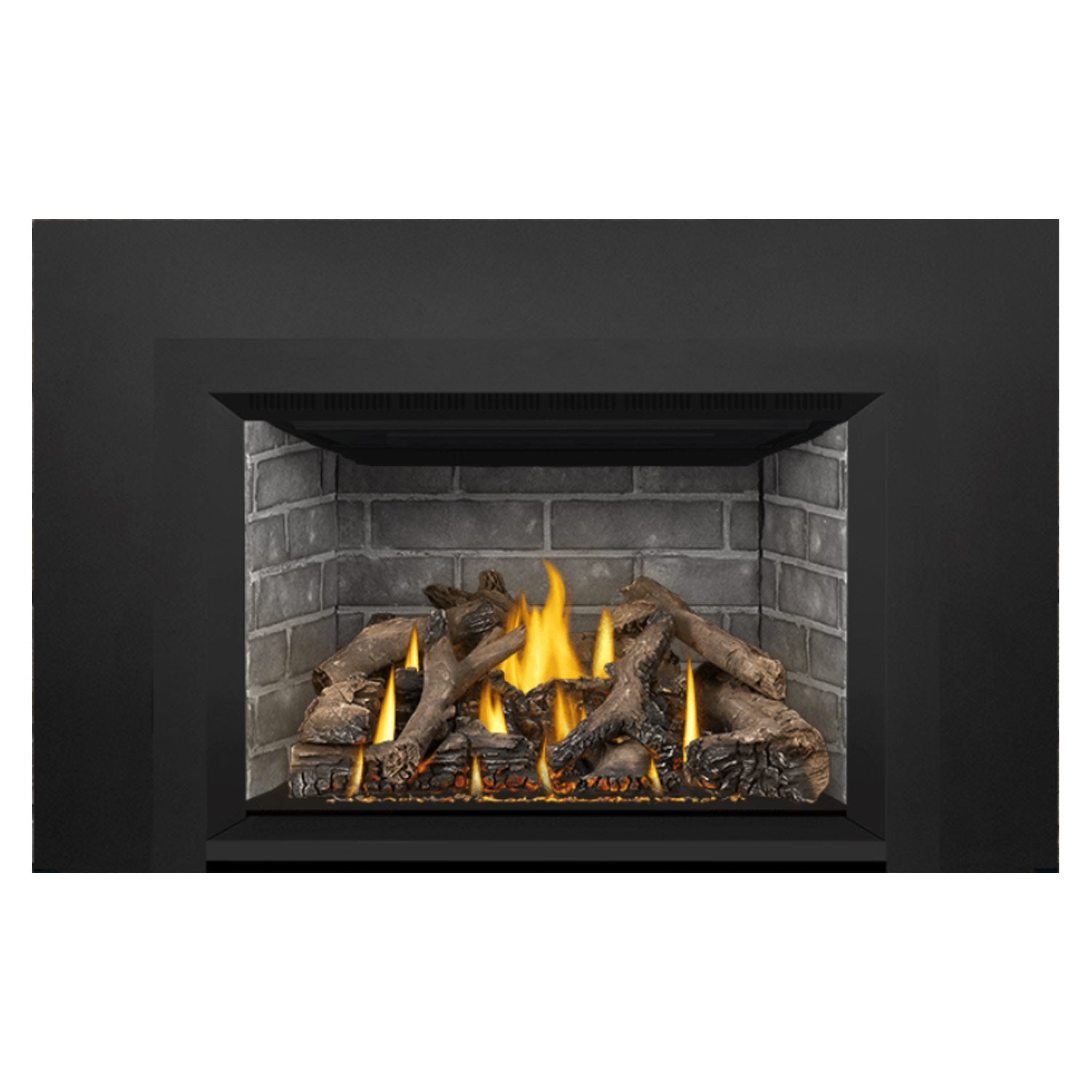 Direct vent gas fireplace insert with burning flame over log and ember bed