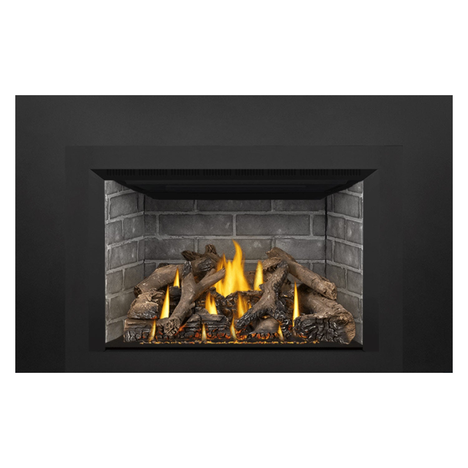 Direct vent gas fireplace insert with steady flames and charred logs over embers