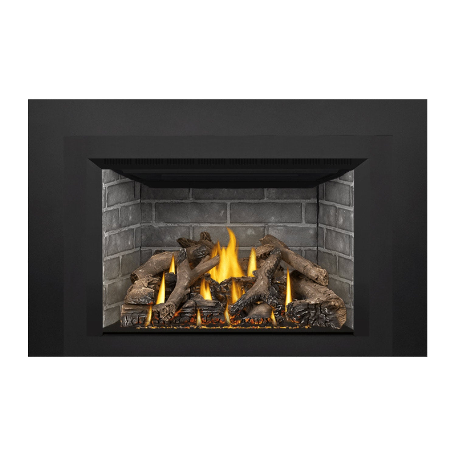 Direct vent gas fireplace insert with bright flames and logs in ember bed
