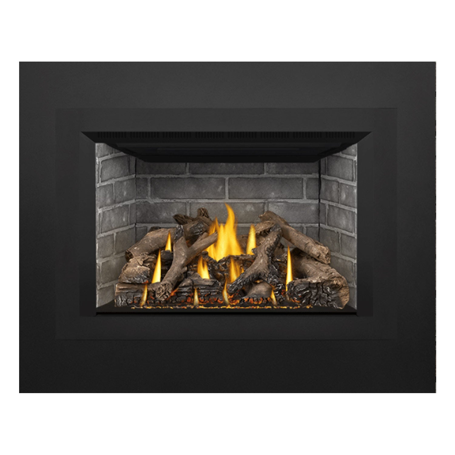 Gas fireplace insert with brick firebox and glowing flames with charred logs