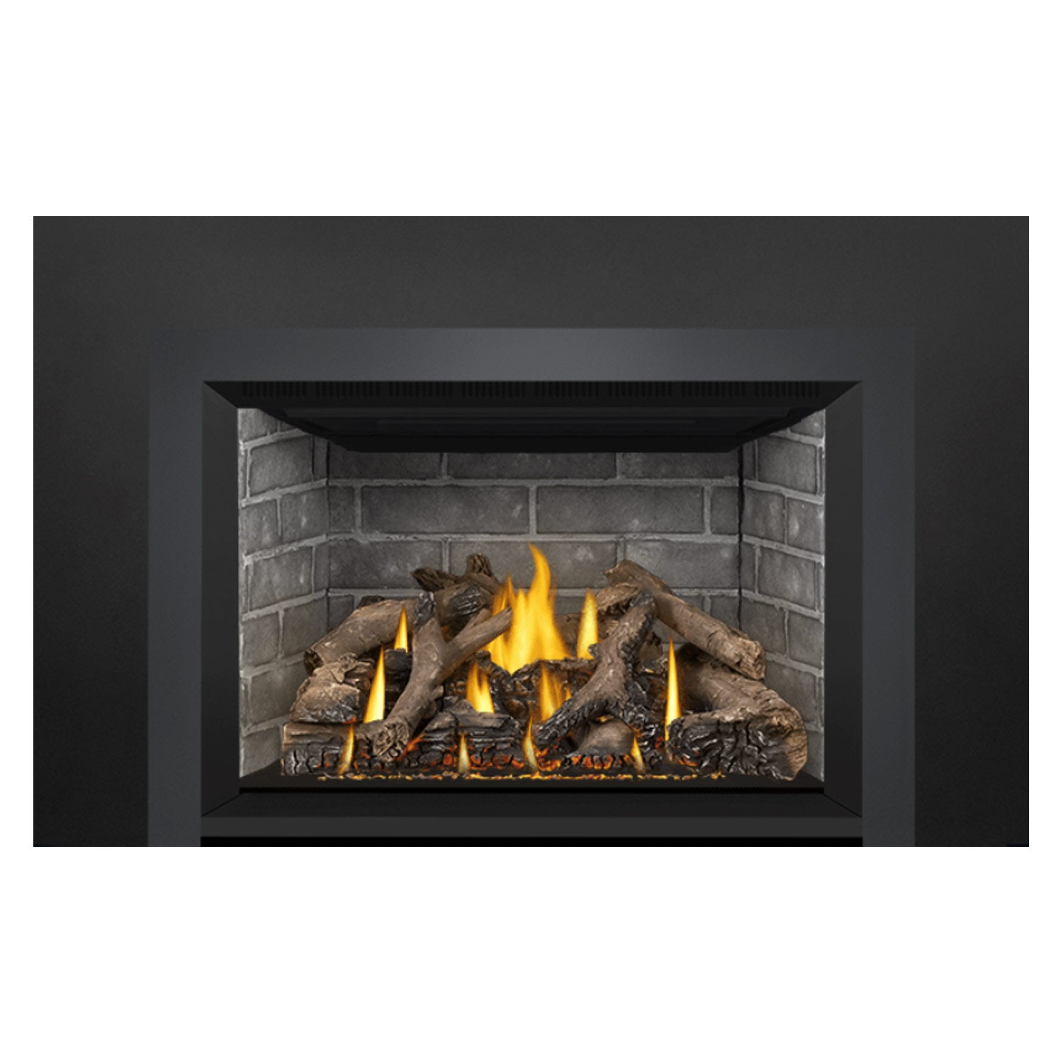 Direct vent gas fireplace insert with burning flames in a brick-lined firebox