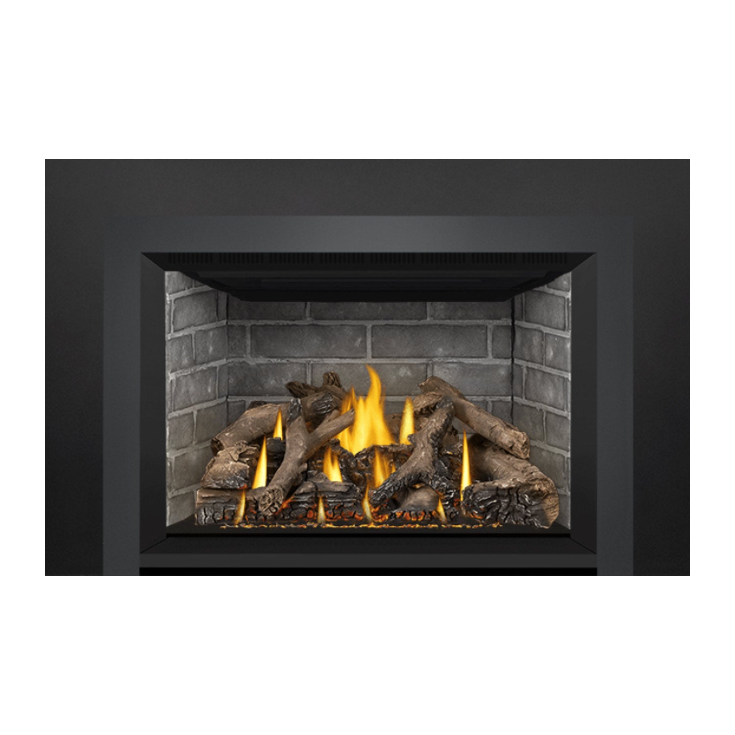 Direct vent gas fireplace insert showing flame center over dark log bed