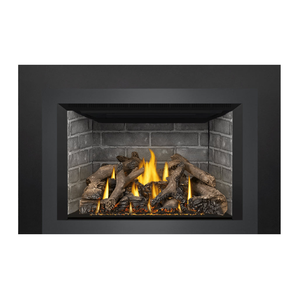 Gas fireplace insert with brick firebox, burning flames, and stacked logs