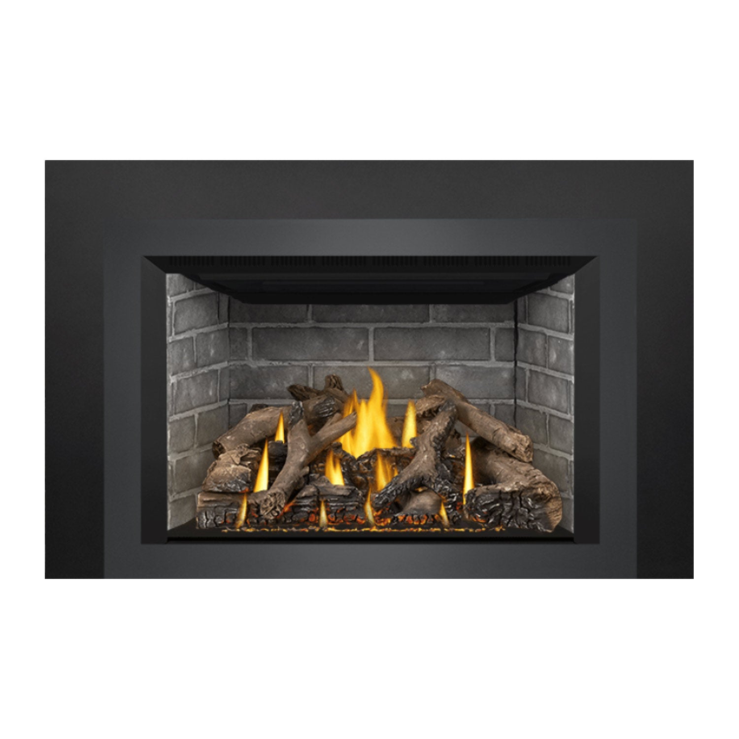 Gas fireplace insert with brick firebox, burning flames, and stacked logs