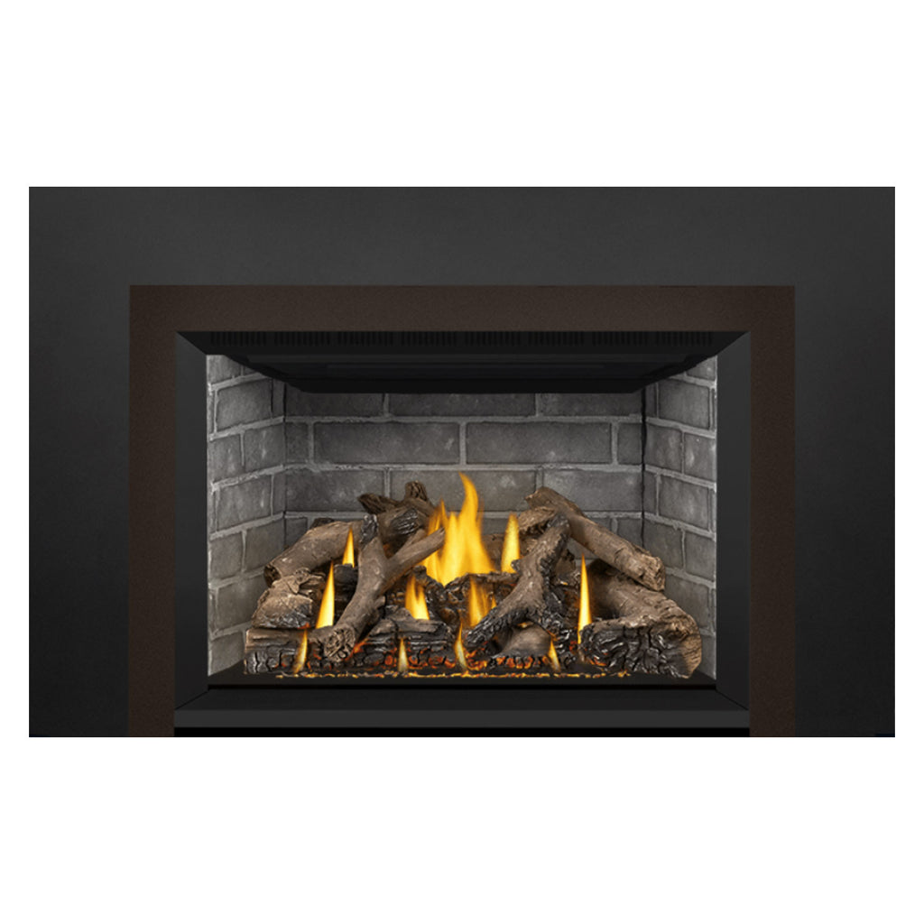 Direct vent gas fireplace insert with visible firebed, logs, and orange flames