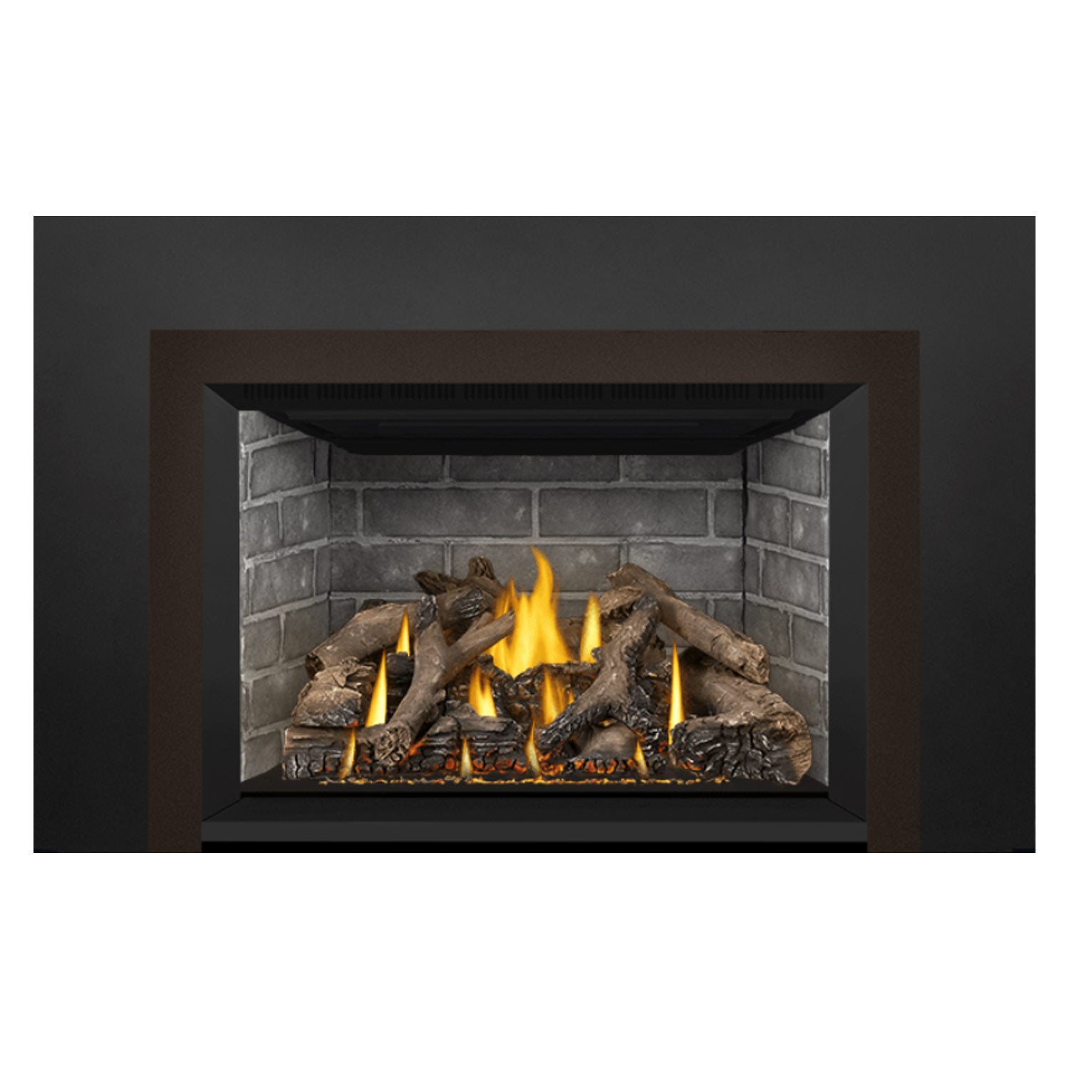 Direct vent gas fireplace insert with visible firebed, logs, and orange flames