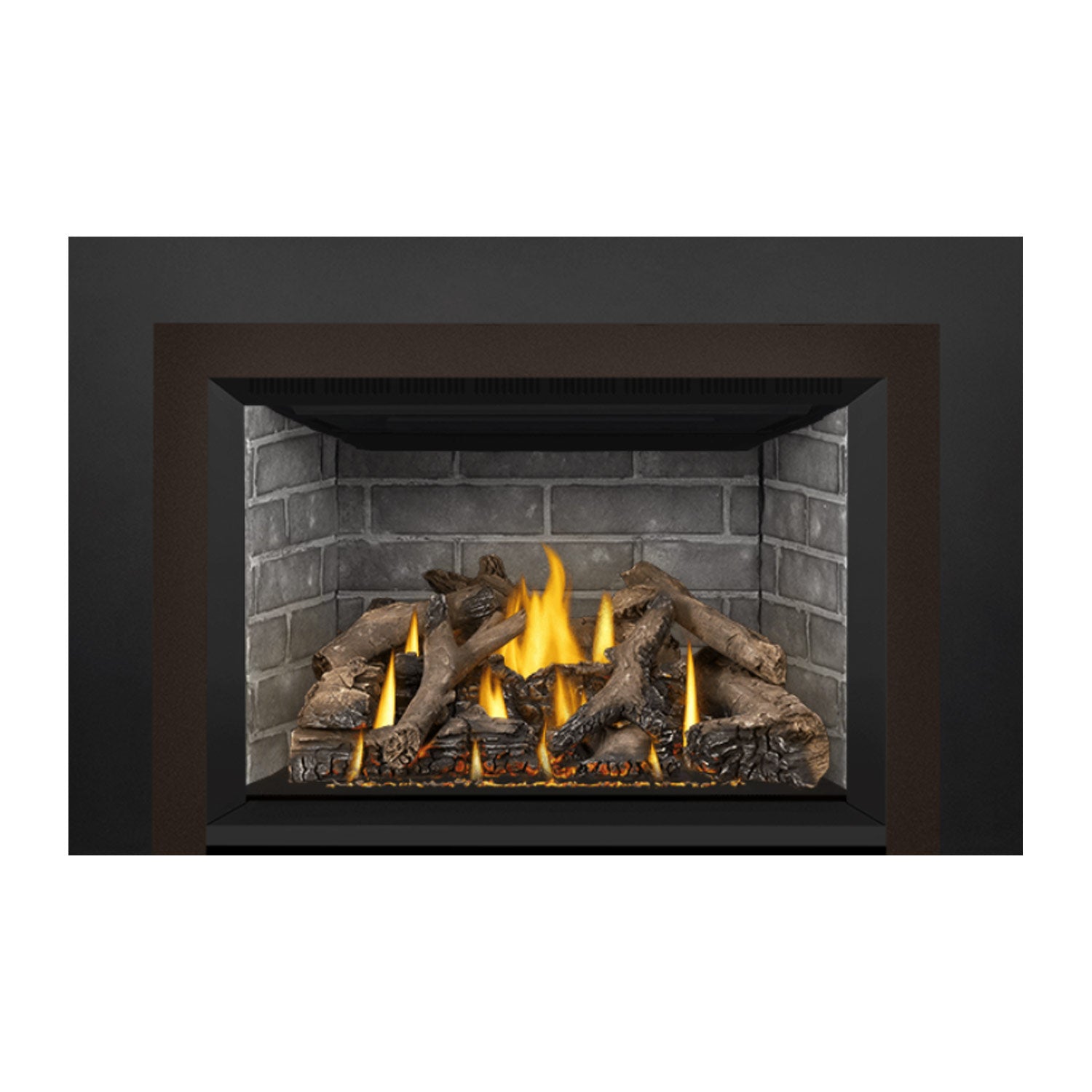 Direct vent gas fireplace insert showing burning flames and stacked log bed