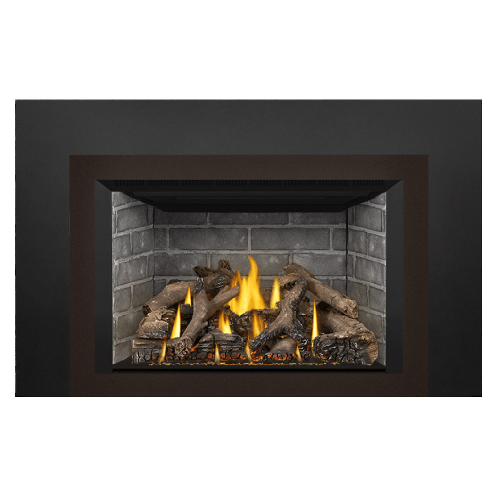 Gas fireplace insert with black frame, brick interior, burning flames and logs