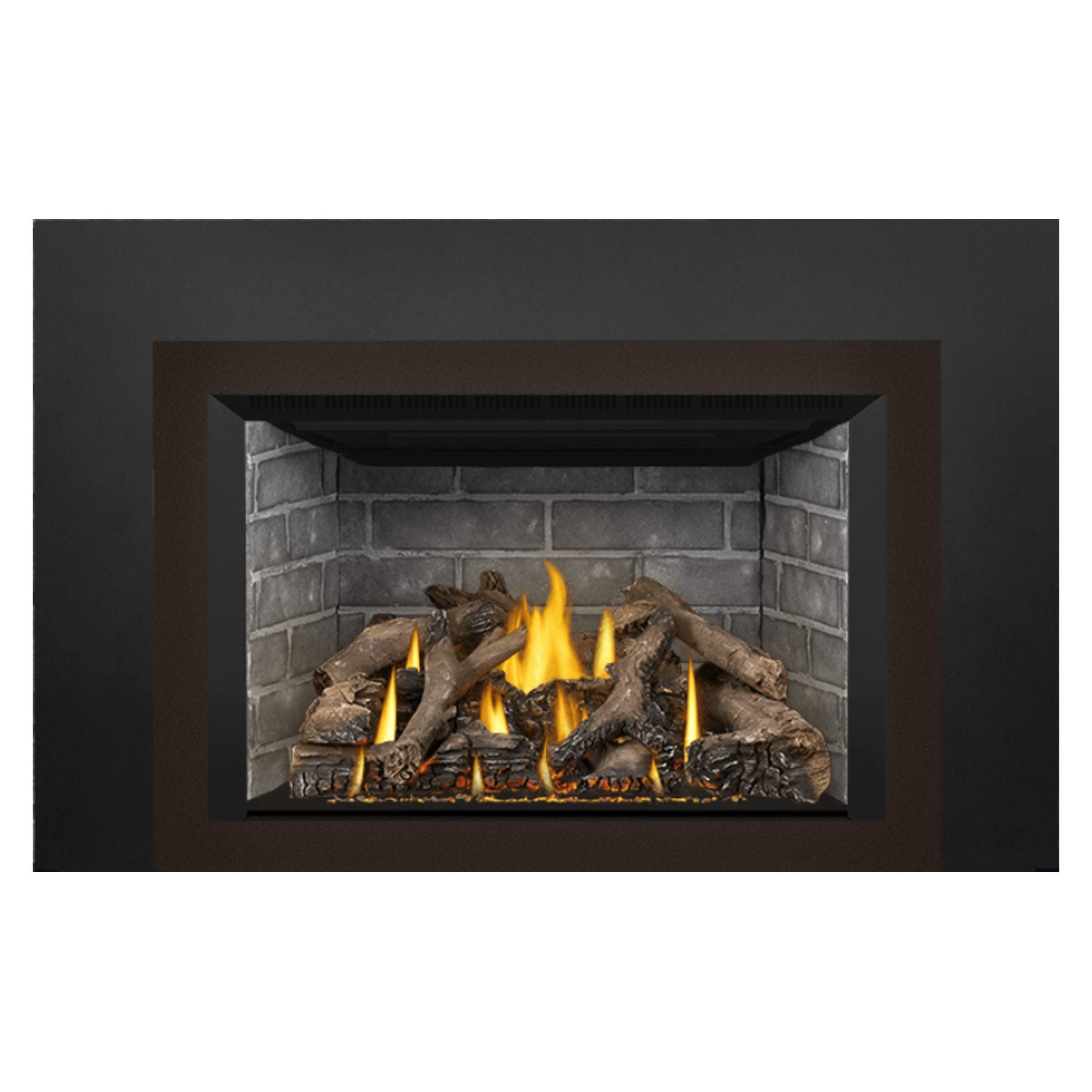 Gas fireplace insert with black frame, brick interior, burning flames and logs