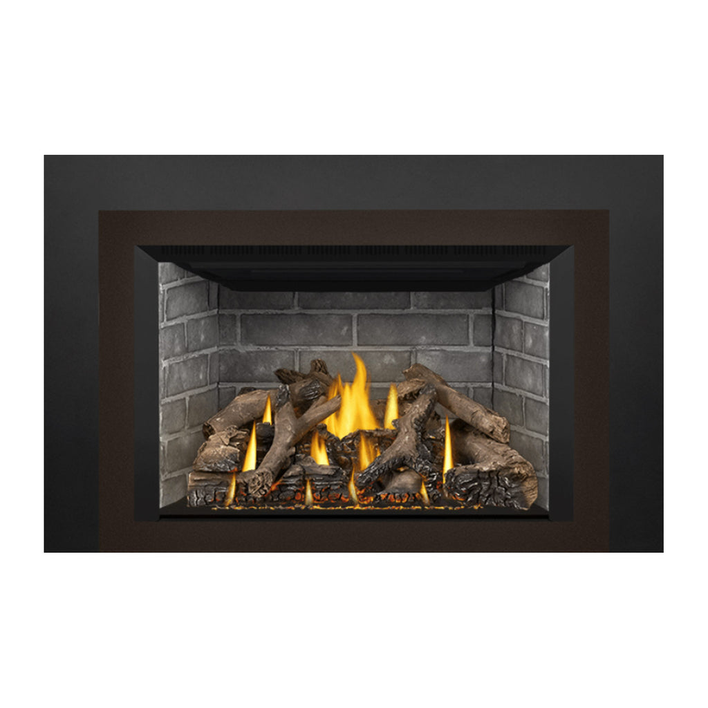 Direct vent gas fireplace insert with burning logs and ember bed in view