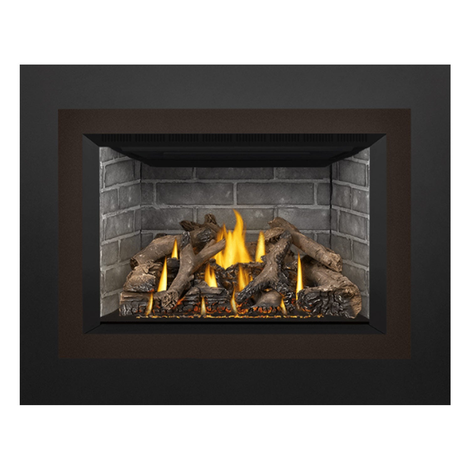 Gas fireplace insert featuring brick surround, burning flames, and log bed