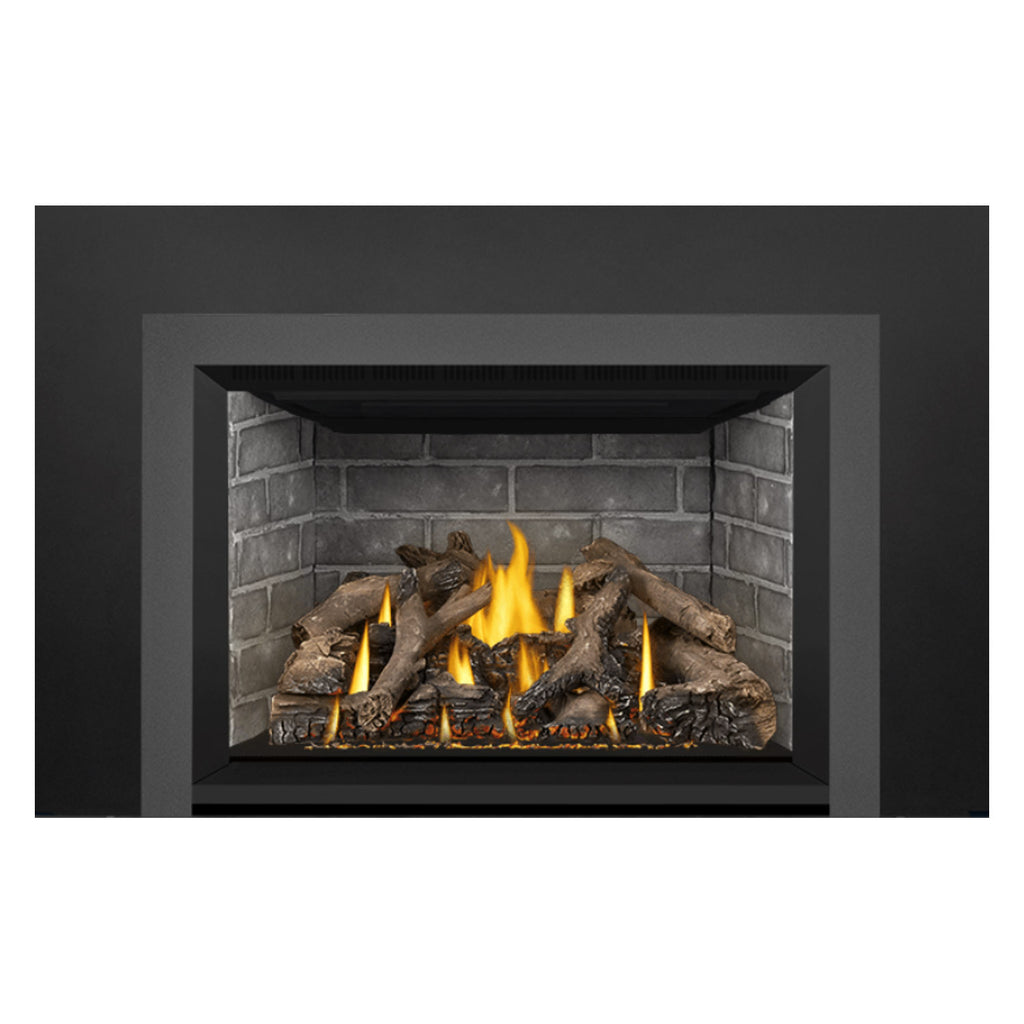 Direct vent gas fireplace insert with active flames, logs, and glowing embers