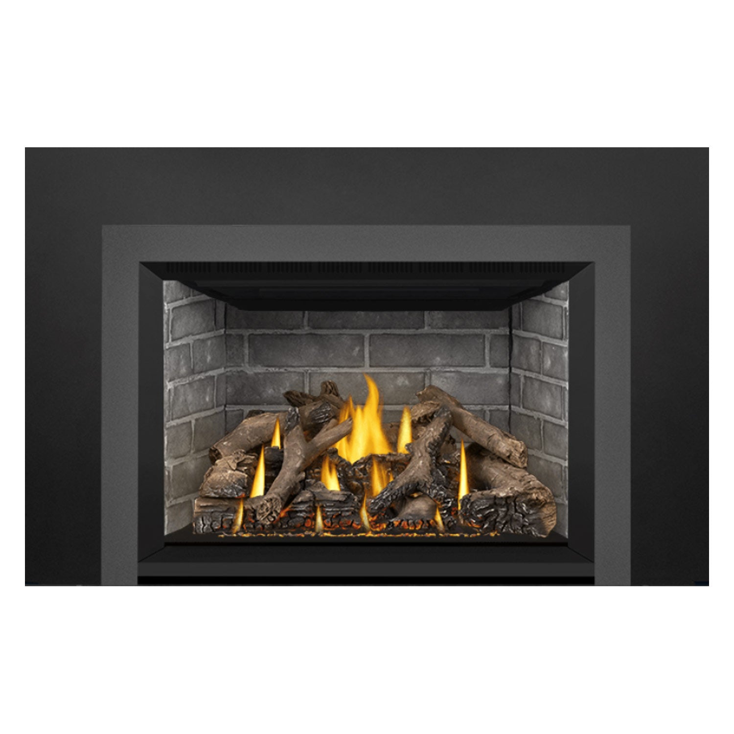 Direct vent gas fireplace insert with active flames, logs, and glowing embers