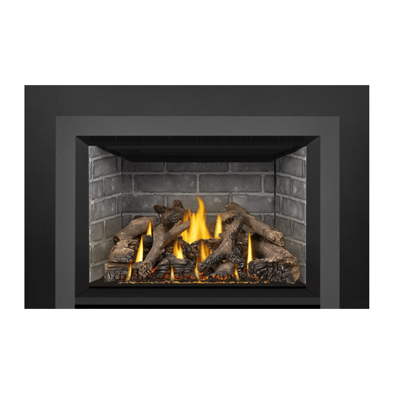 Direct vent gas fireplace insert with burning log and ember bed inside brick surround