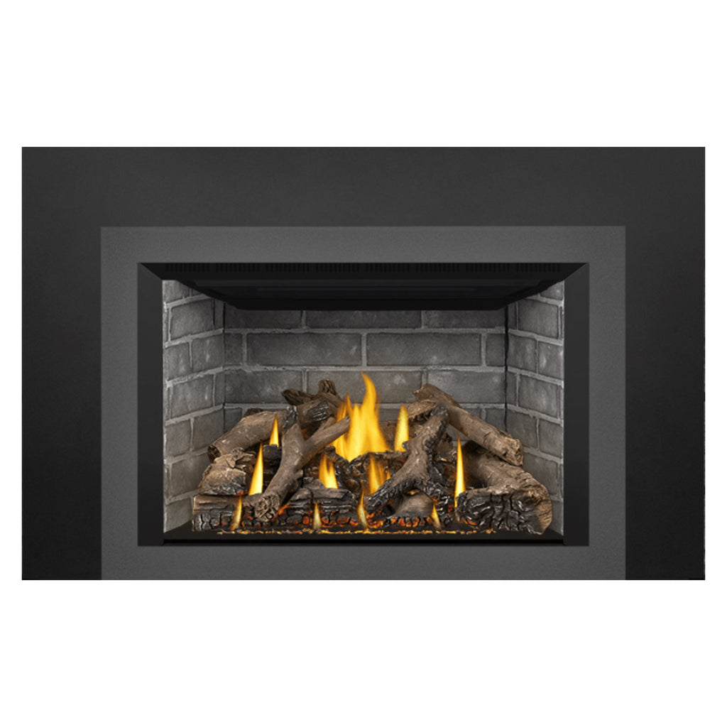 Gas fireplace insert with black outer trim, brick interior, and lit wood logs