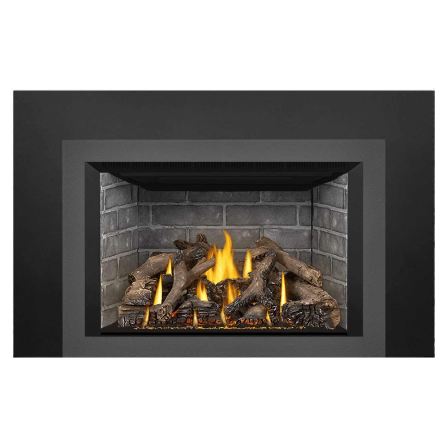 Gas fireplace insert with black outer trim, brick interior, and lit wood logs