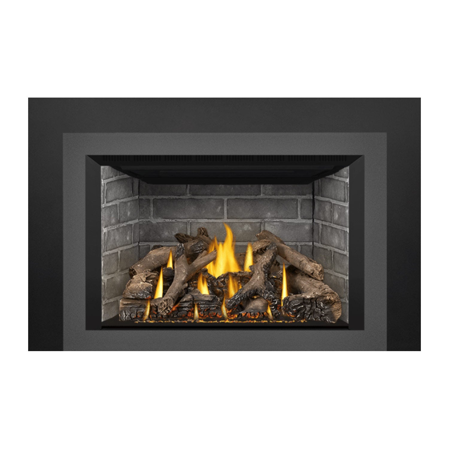 Gas fireplace insert showing brick surround, glowing flames, and dark log set