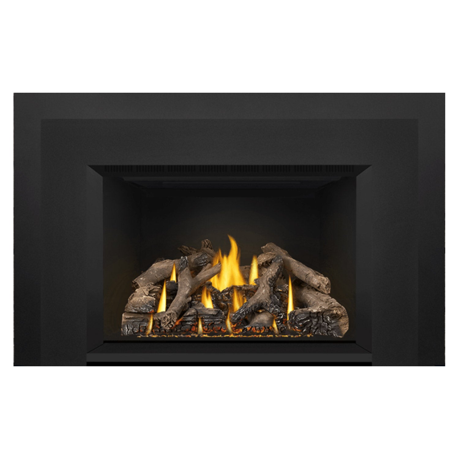 Gas fireplace insert with burning logs and glowing yellow flames inside a black firebox opening