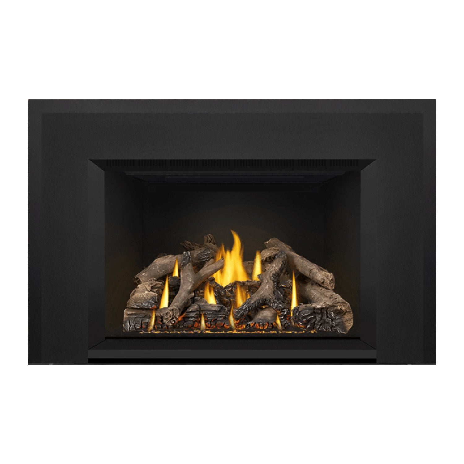Gas fireplace insert with a deep black firebox, burning logs, and yellow flames