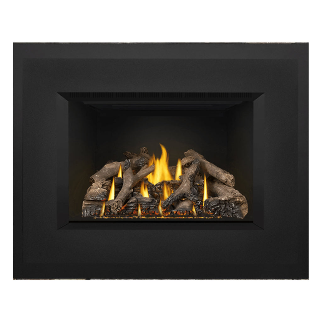 Direct vent gas fireplace insert front with glowing logs, bright flames, dark metal trim