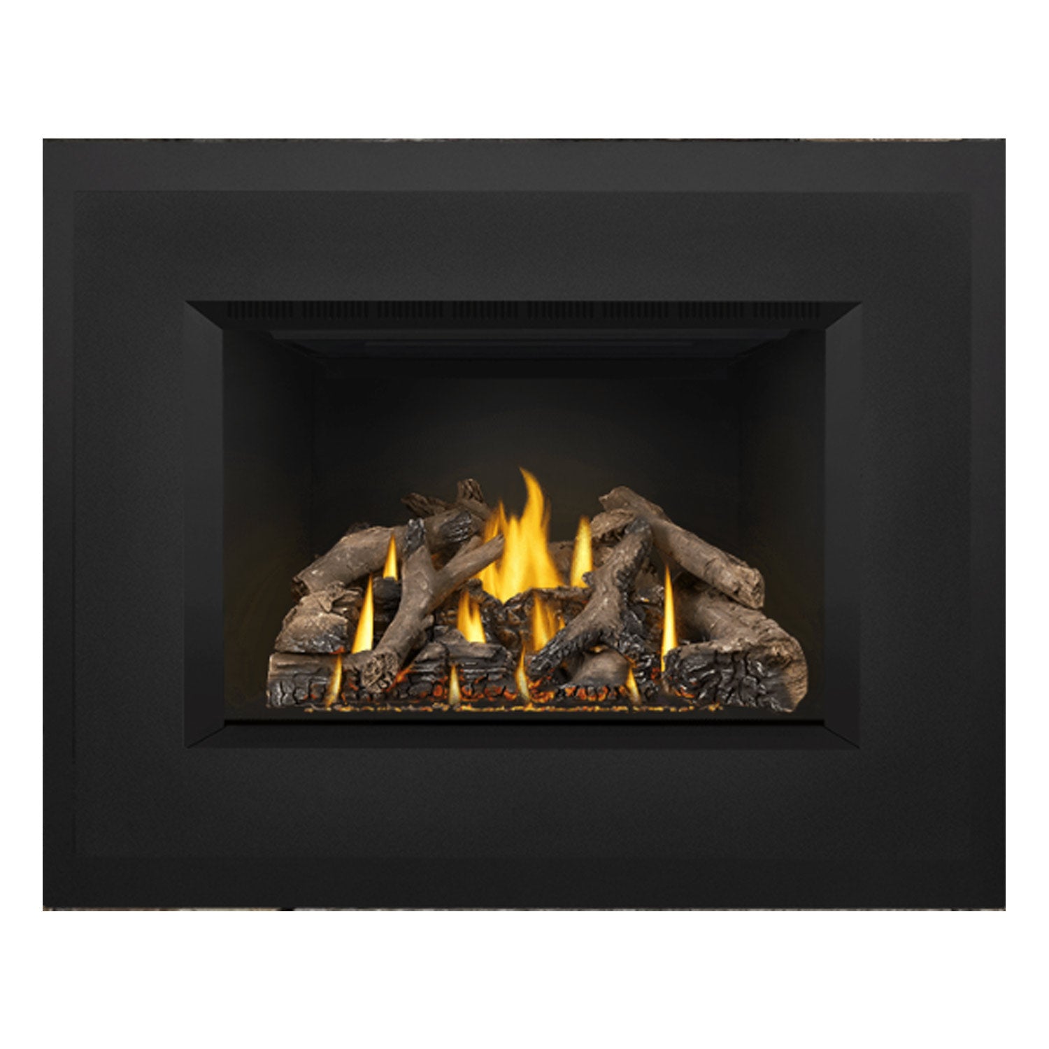Direct vent gas fireplace insert front with glowing logs, bright flames, dark metal trim