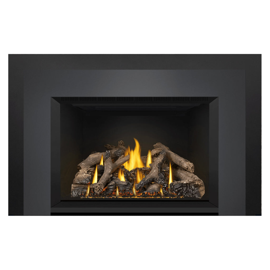 Direct vent gas fireplace insert with burning log bed and yellow flames, dark frame