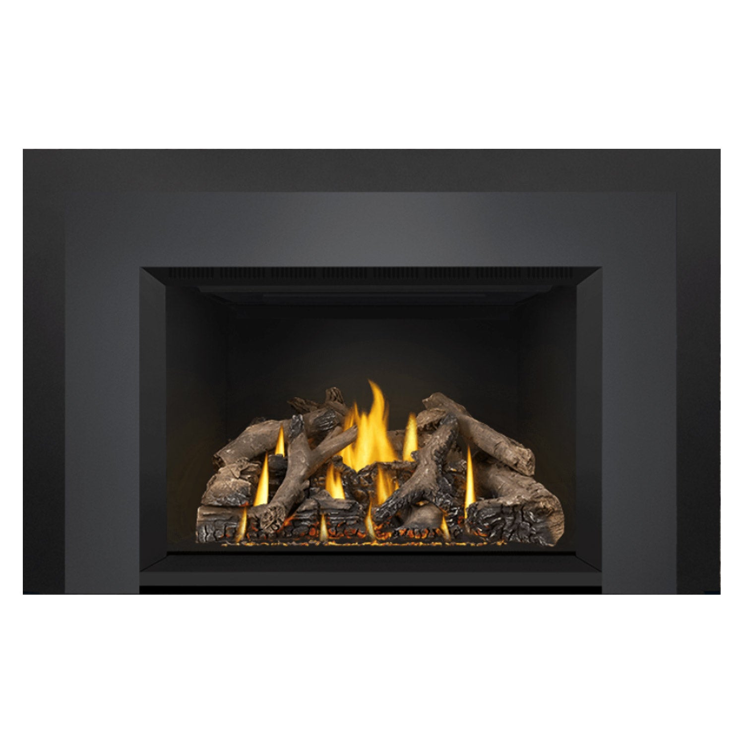 Direct vent gas fireplace insert with burning log bed and yellow flames, dark frame