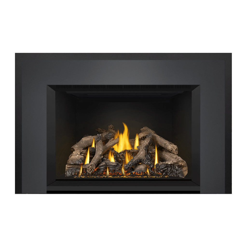 Direct vent gas fireplace insert displaying glowing logs and flames, dark surround panel