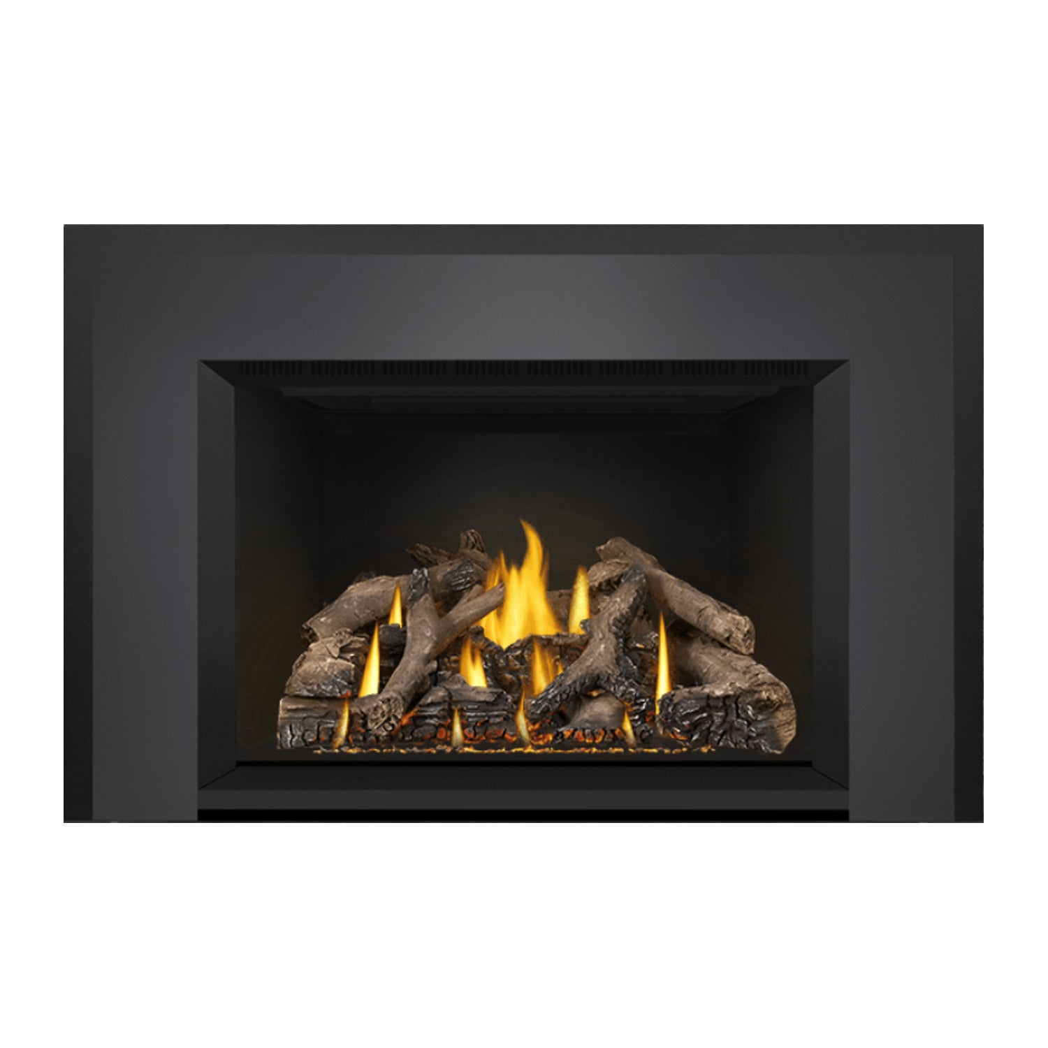 Direct vent gas fireplace insert displaying glowing logs and flames, dark surround panel