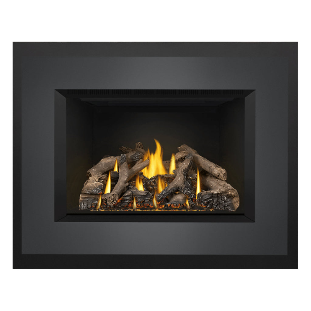 Direct vent gas fireplace insert front view with burning logs and yellow flames, dark trim