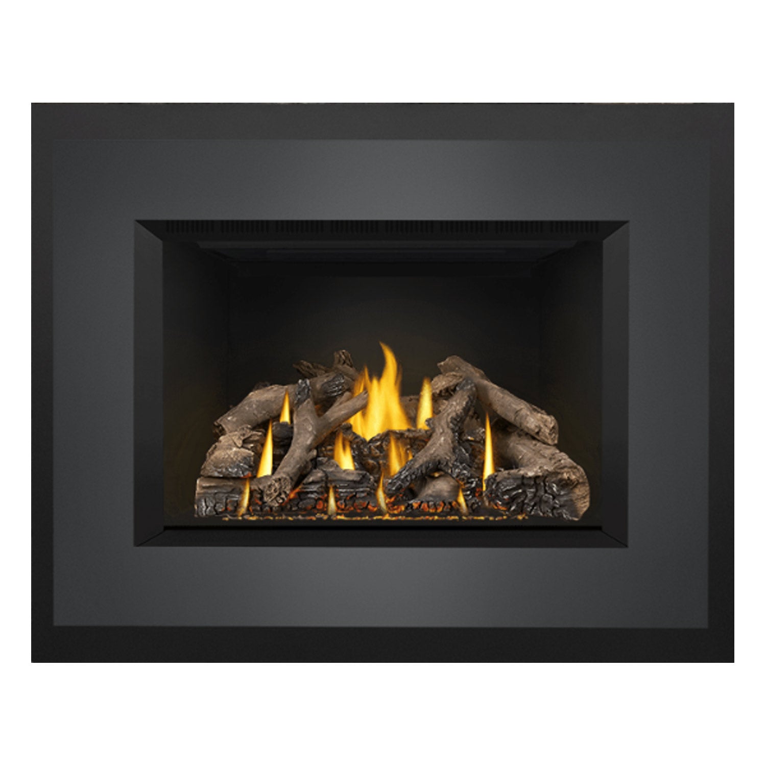 Direct vent gas fireplace insert front view with burning logs and yellow flames, dark trim