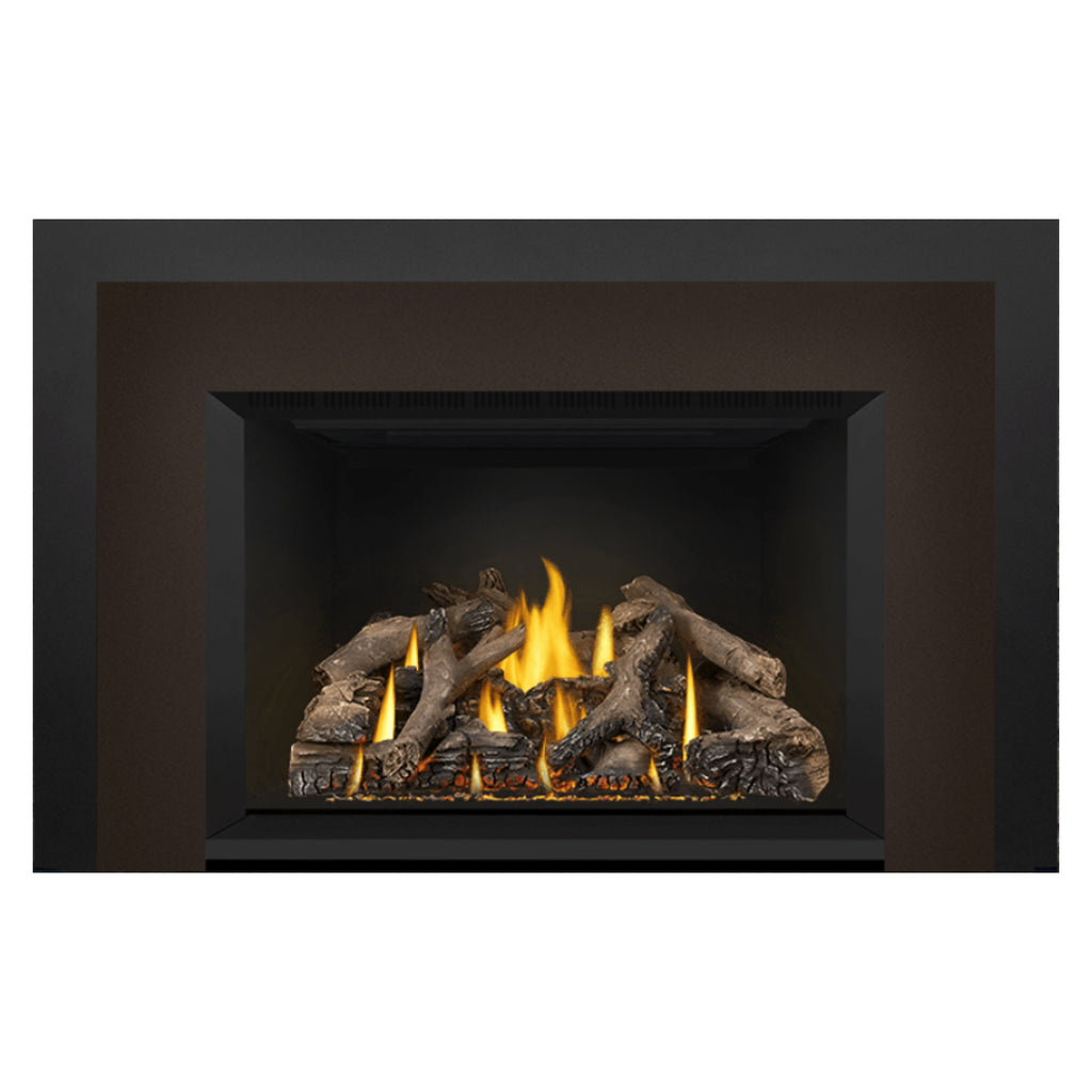 Direct vent gas fireplace insert front showing glowing logs and flames in firebox