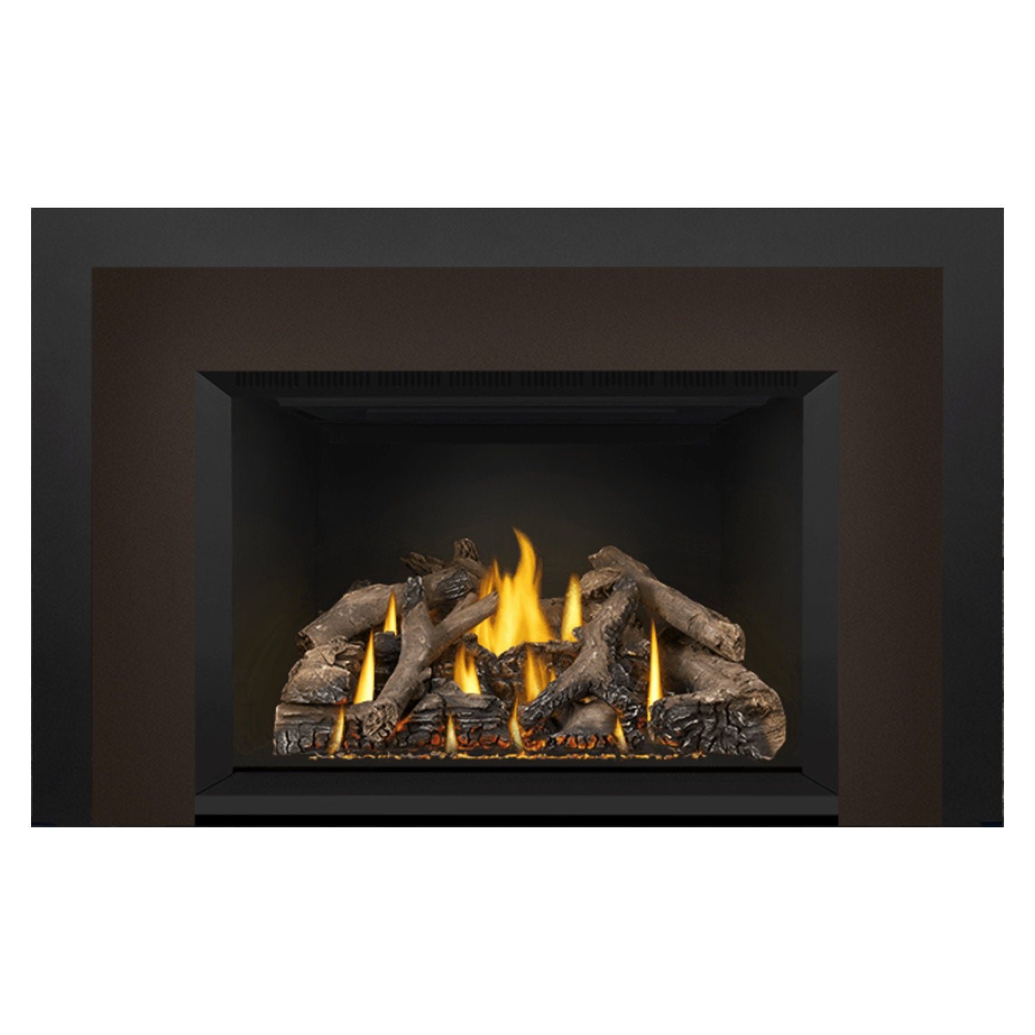 Direct vent gas fireplace insert front showing glowing logs and flames in firebox