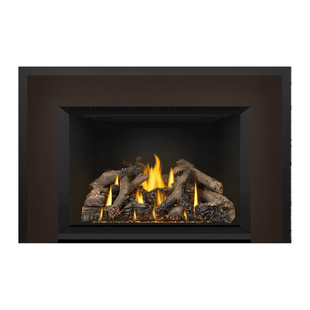 Direct vent gas fireplace insert with glowing logs and flames, dark metal surround