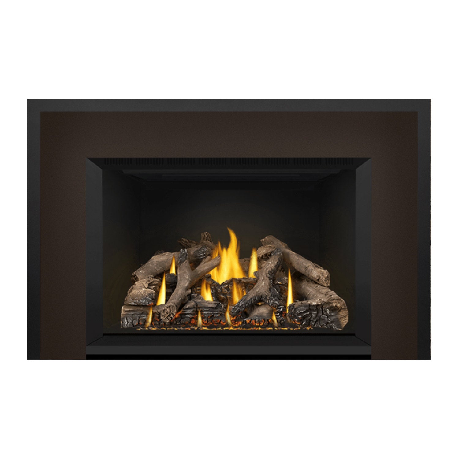 Direct vent gas fireplace insert with glowing logs and flames, dark metal surround