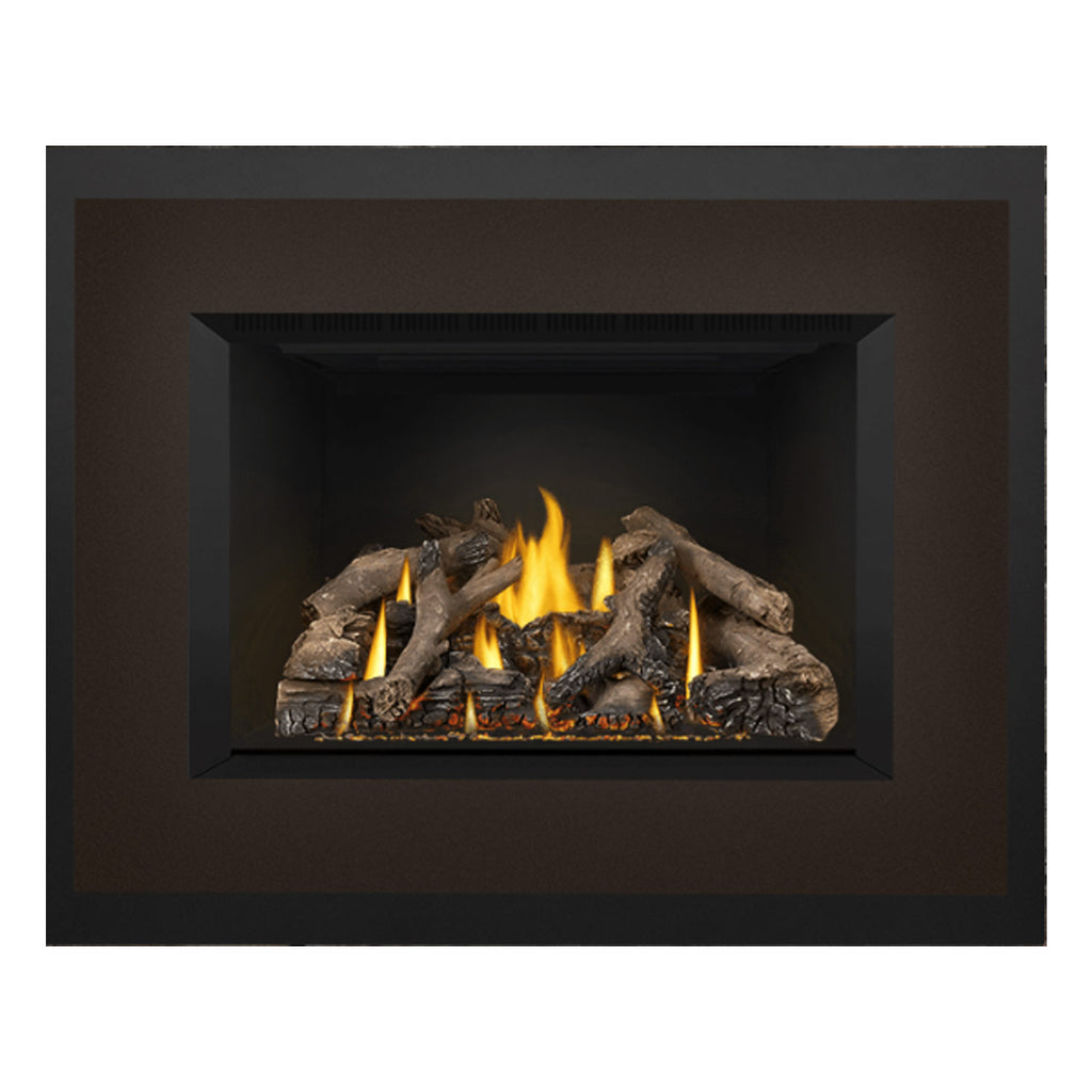 Direct vent gas fireplace insert showing burning logs and flames inside dark firebox