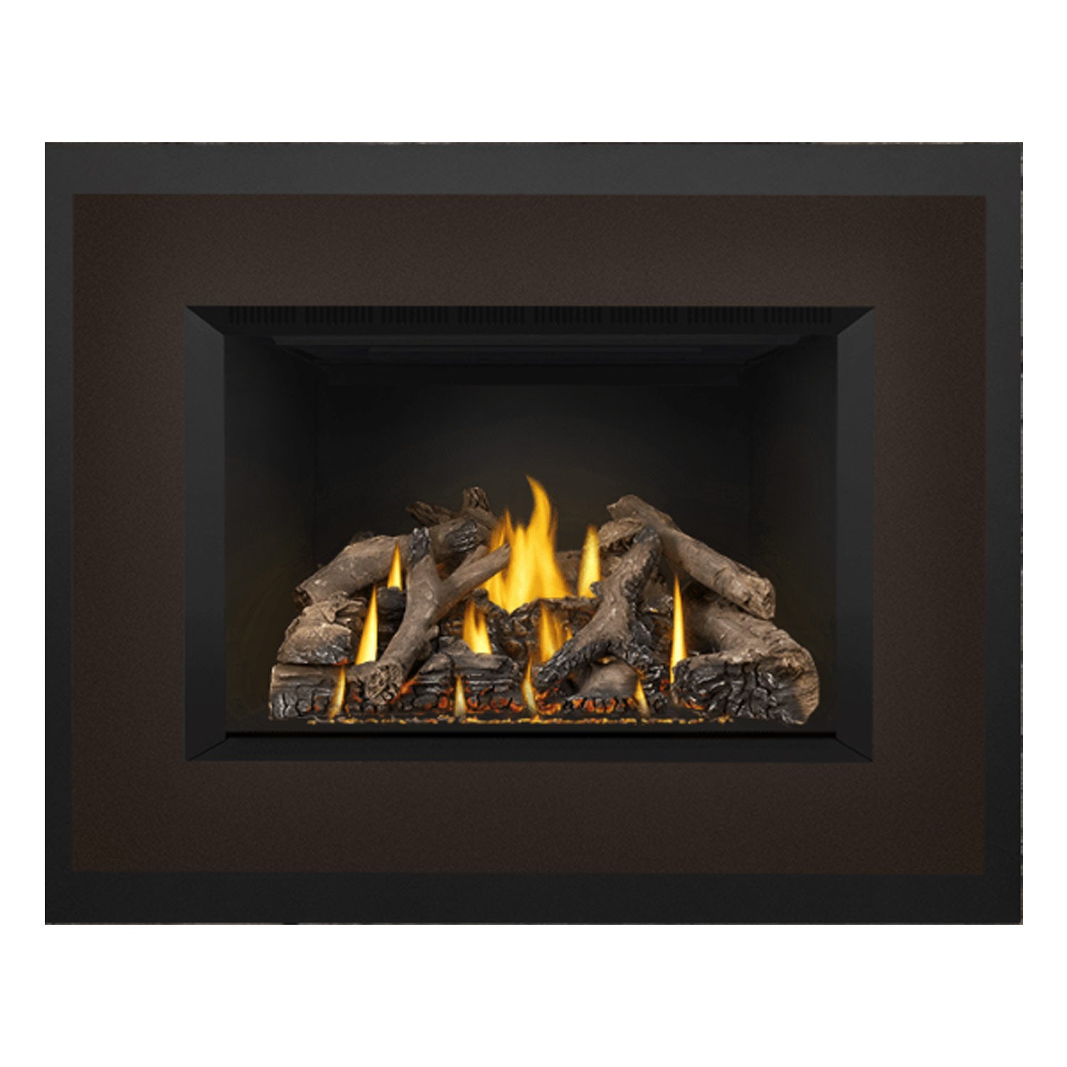 Direct vent gas fireplace insert showing burning logs and flames inside dark firebox