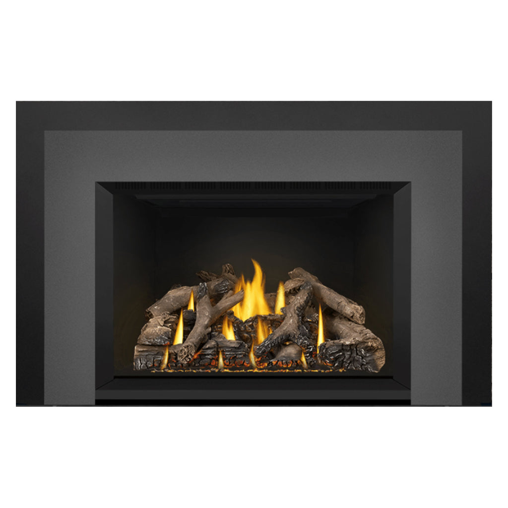 Direct vent gas fireplace insert front view with burning logs and flames in firebox