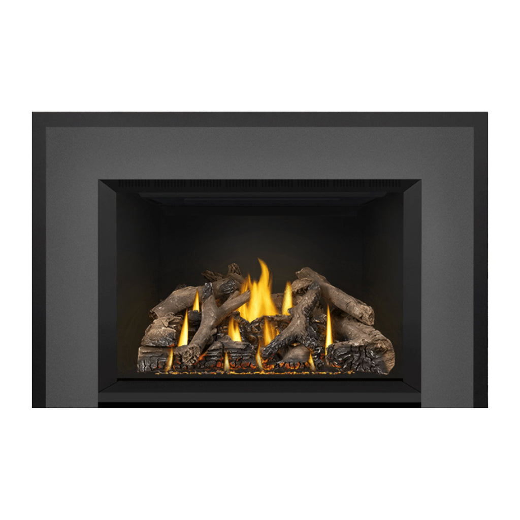 Direct vent gas fireplace insert with glowing log bed and bright flames, dark frame