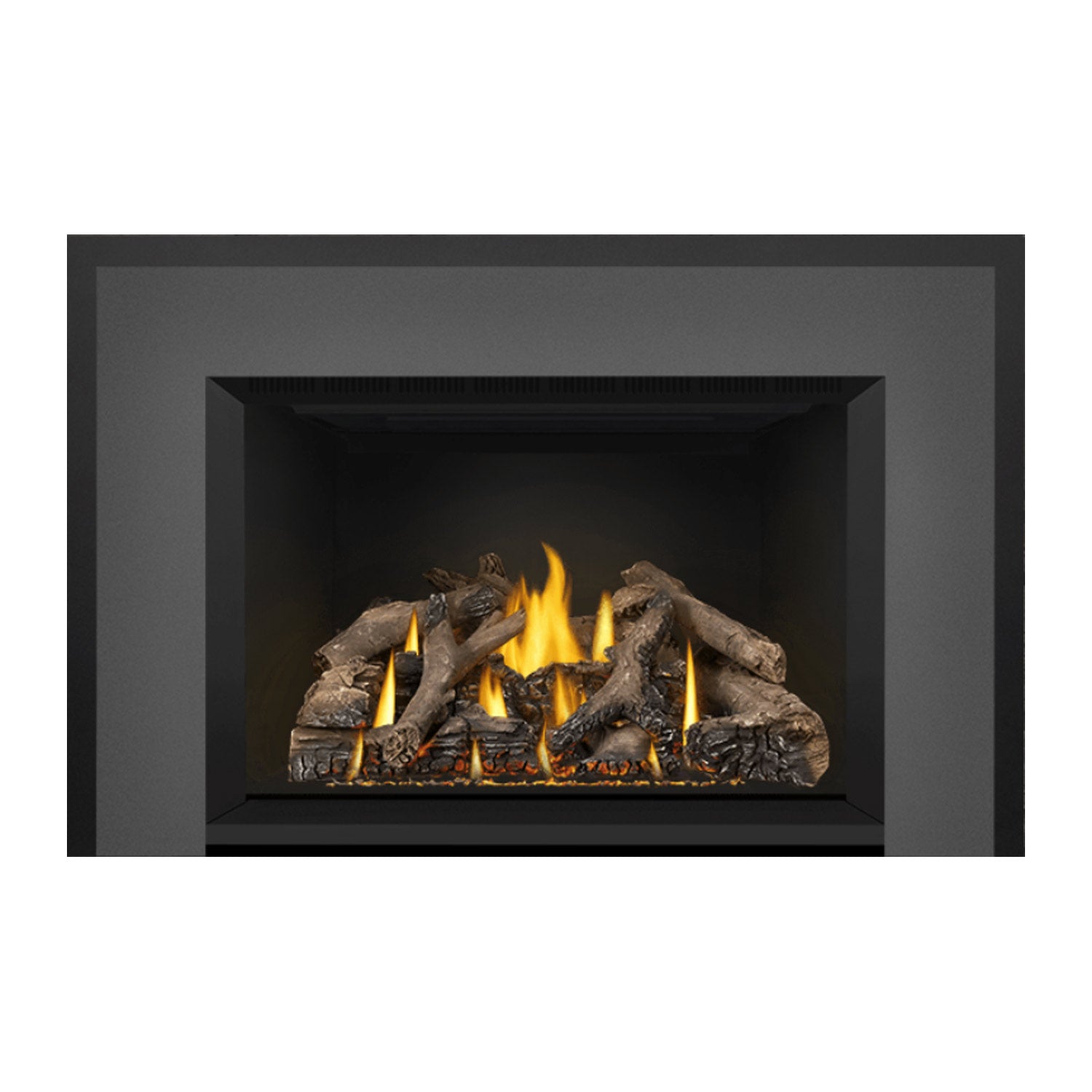 Direct vent gas fireplace insert with glowing log bed and bright flames, dark frame