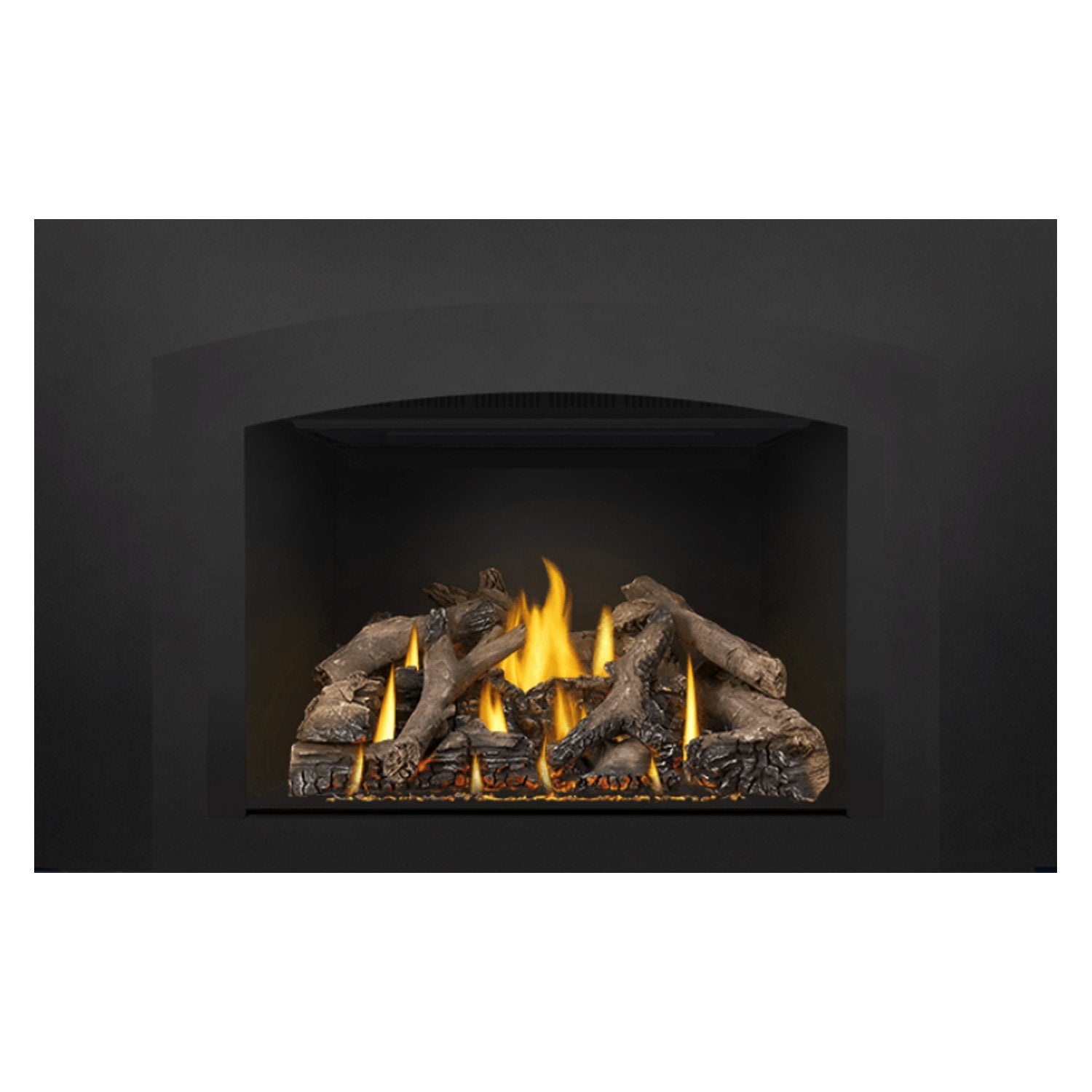 Gas fireplace insert showing burning logs and yellow flames within a black recessed firebox