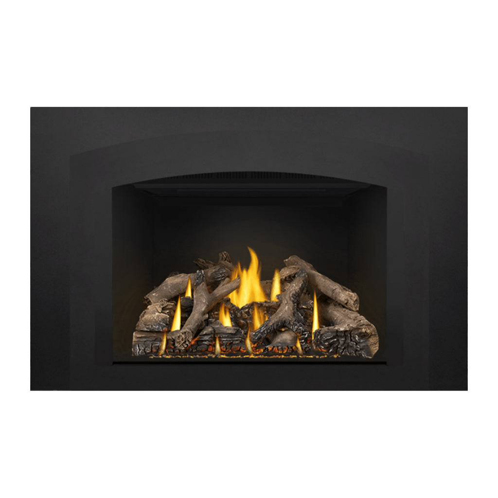 Gas fireplace insert with burning log set and bright yellow flames inside a black firebox